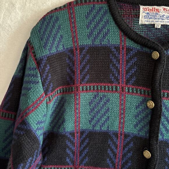 VTG Tally-Ho Sweater Cardigan 2X Gold Button Front Green Plaid Christmas - Picture 3 of 12